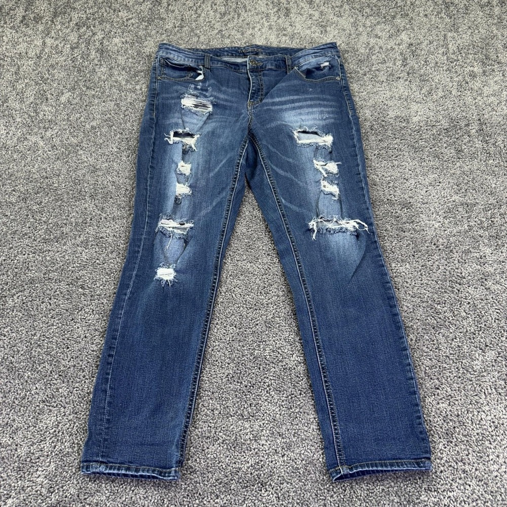 Maurices Jeans Womens 16 Blue Slim Straight Distressed Dark Wash Stretch Denim